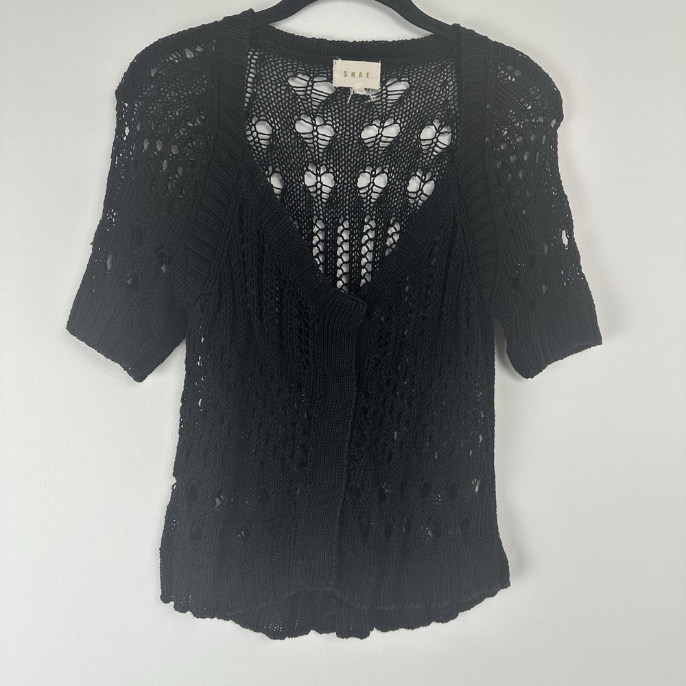 Shae Black 100% Linen Open Knit Short Sleeve Snap Front Cardigan Sweater Large